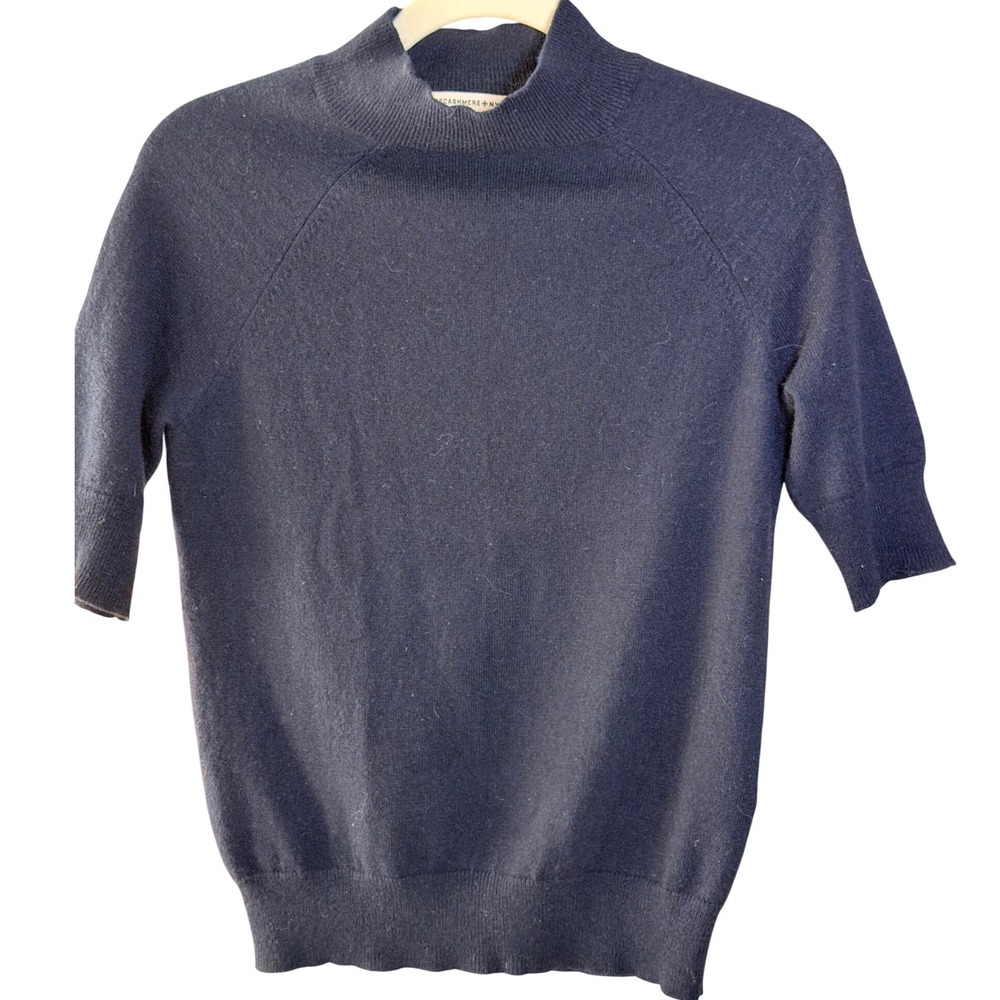 Purecashmere NYC Sweater XS Navy Mock Neck Short Sleeve 100% Cashmere